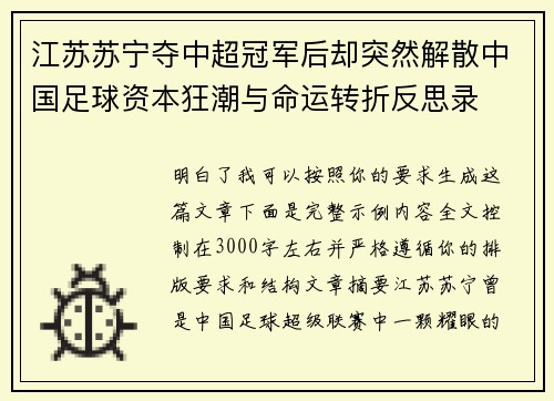 江苏苏宁夺中超冠军后却突然解散中国足球资本狂潮与命运转折反思录